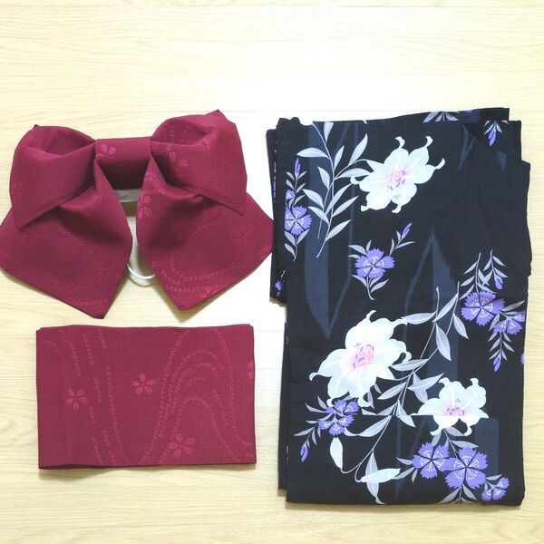 浴衣と帯のセット 花柄 ネイビー 赤 作り帯 飾り帯 百合 なでしこ