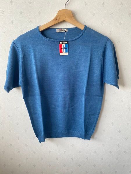 【未使用】ブルー 半袖ニット クルーネック カシミロン 無地
