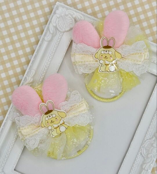 No.113 ハンドメイド ヘアゴム リボン キッズ ポムポムプリン パステルイエロー 猫耳リボン