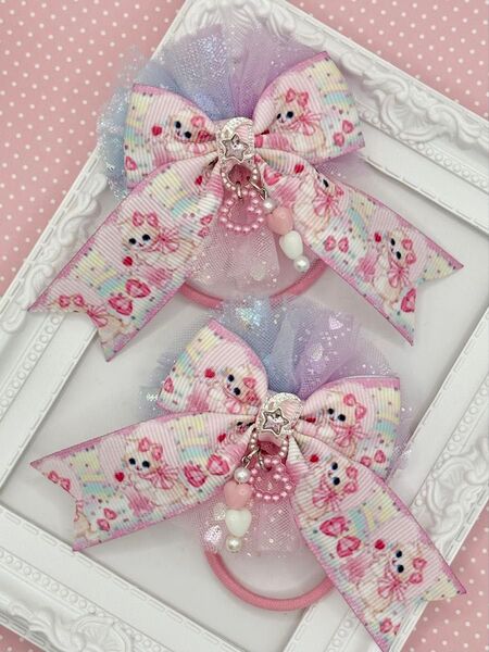 No.44 ハンドメイド ヘアゴム リボン キッズ ゆめかわ ネコ パステル