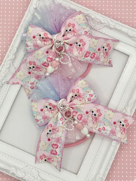 No.44 ハンドメイド ヘアゴム リボン キッズ ネコ ゆめかわ パステルカラー
