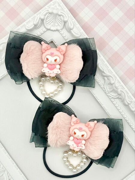 No.117 ハンドメイド ヘアゴム リボン キッズ クロミ 黒フリル パールハート