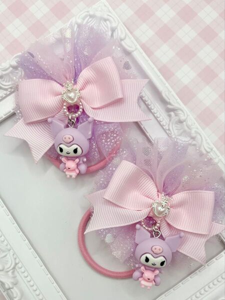 No.123 ハンドメイド ヘアゴム リボン キッズ クロミ チュールリボン パステルカラー