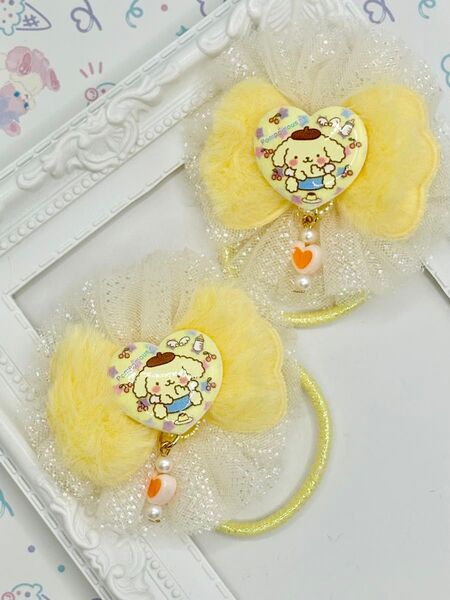 No.116 ハンドメイド ヘアゴム リボン キッズ ポムポムプリン パステルイエロー チュールリボン