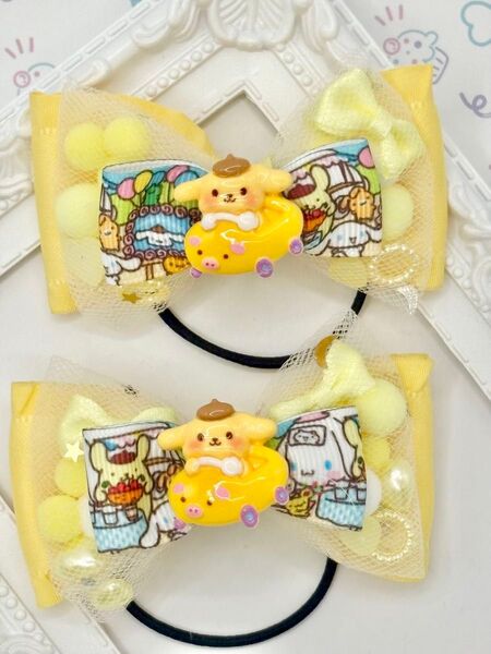 No.117 ハンドメイド ヘアゴム リボン キッズ 黄色 ポムポムプリン シャカシャカリボン