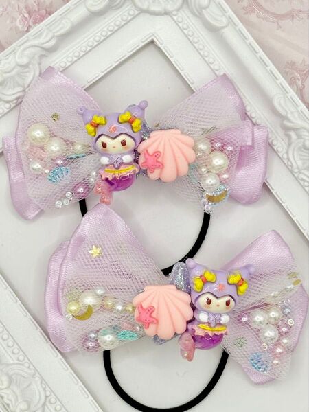 No.121 ハンドメイド ヘアゴム リボン キッズ マーメイド クロミ シャカシャカリボン ライトパープル