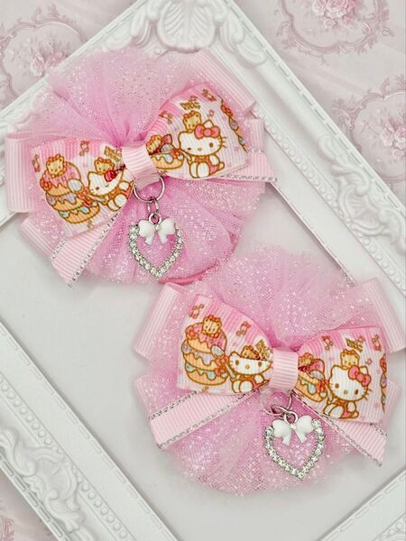 No.123 ハンドメイド ヘアゴム リボン キッズ ハローキティ ピンクチュールリボン