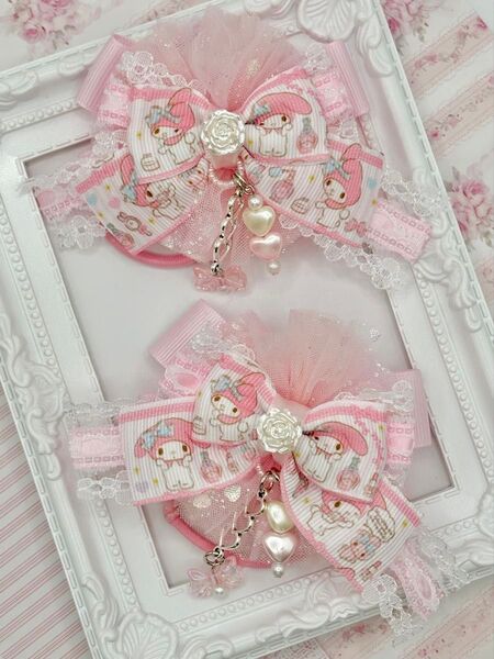 No.126 ハンドメイド ヘアゴム リボン キッズ マイメロ フリル チュールリボン ピンク 姫系