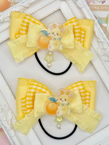 No.132 ハンドメイド ヘアゴム リボン キッズ 黄色フリル チェック アイジュエル ayyjewel
