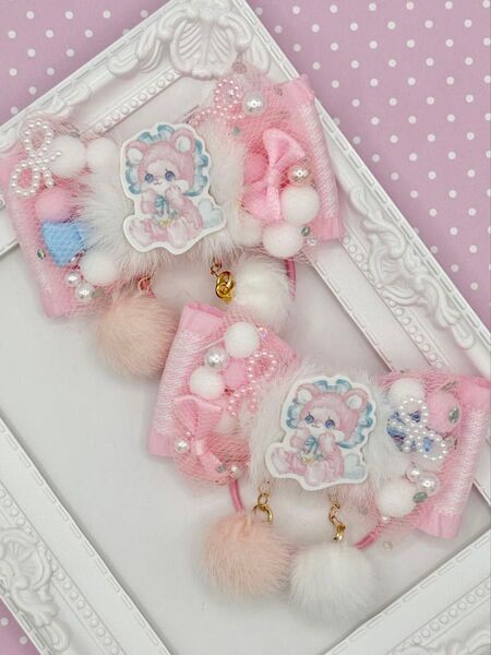 No.142 ハンドメイド ヘアゴム リボン キッズ ayyjewel ボンボン ふわふわ シャカシャカリボン