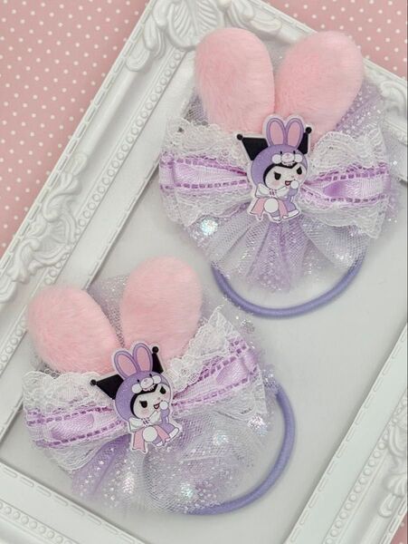 No.114 ハンドメイド ヘアゴム リボン キッズ クロミ パステルパープル 猫耳リボン