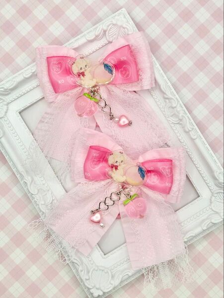 No.119 ハンドメイド ヘアゴム リボン キッズ ayyjewel ピンクフリル ピーチ