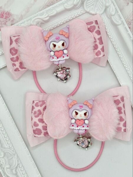 No.125 ハンドメイド ヘアゴム リボン キッズ クロミ ヒョウ柄 ピンク