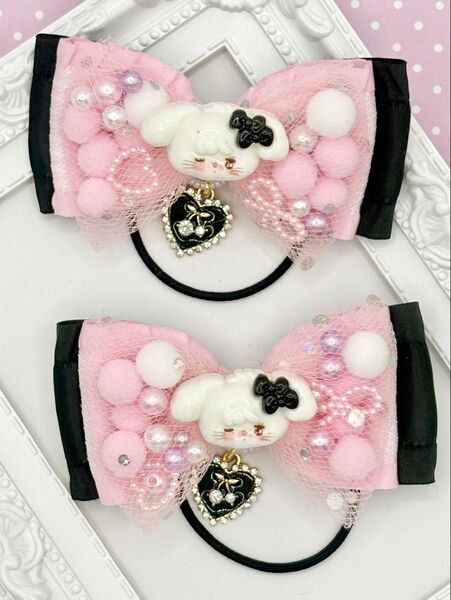 No.136 ハンドメイド ヘアゴム リボン キッズ ミッコ mikko ミッコ 黒 ピンクフリル シャカシャカリボン