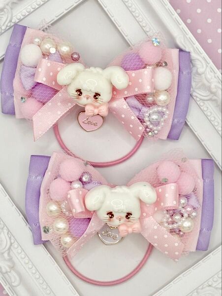 No.136 ハンドメイド ヘアゴム リボン キッズ mikko ミッコ ピンク 紫 フリル