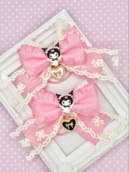 No.140 ハンドメイド ヘアゴム リボン キッズ ピンクフリル クロミ レース