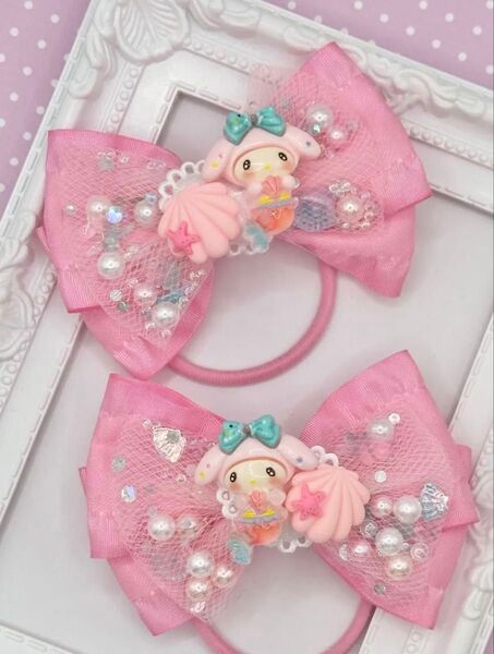 No.124 ハンドメイド ヘアゴム リボン キッズ マイメロ マーメイド シャカシャカリボン ピンク