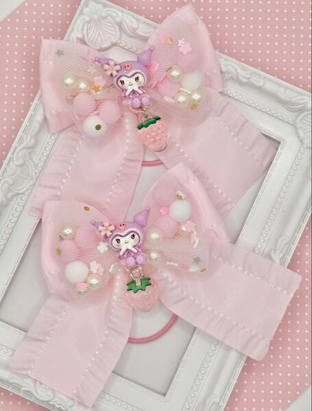 No.25 ハンドメイド ヘアゴム リボン キッズ クロミ パステルピンク シャカシャカリボン いちご