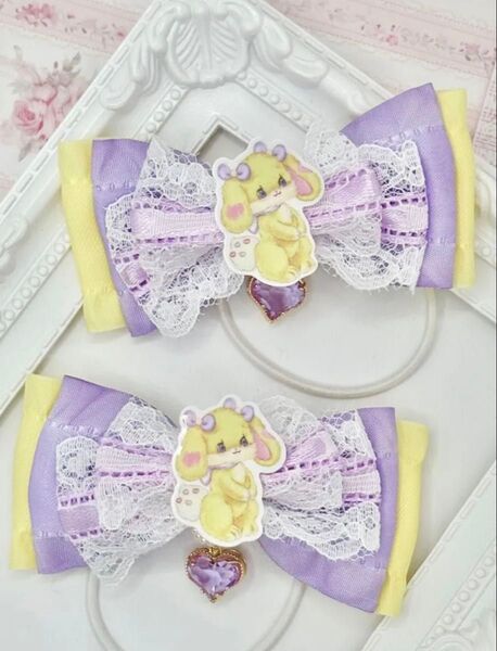 No.98 ハンドメイド ヘアゴム リボン キッズ ayyjewel ゆめかわ パステルパープル パステルイエロー