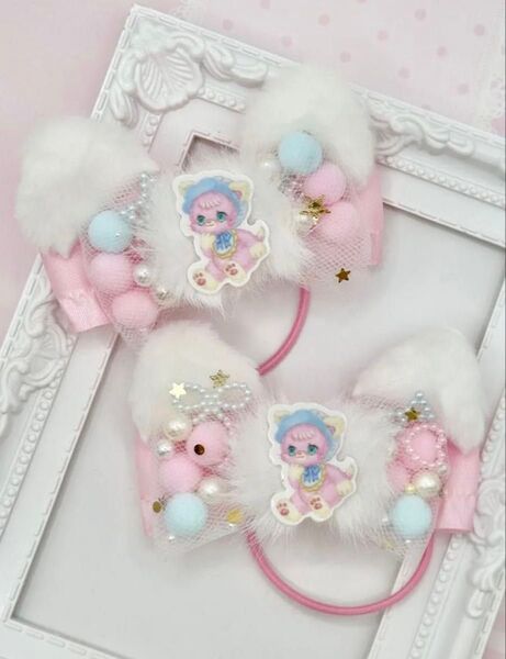 No.84 ハンドメイド ヘアゴム リボン キッズ ベビー ふわふわ パステルピンク シャカシャカリボン 猫耳 ayyjewel