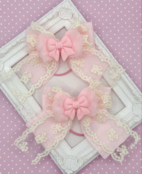No.141 ハンドメイド ヘアゴム リボン キッズ リボンふわふわ ピンク レース