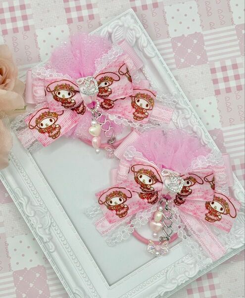 No.127 ハンドメイド ヘアゴム リボン キッズ マイメロ ピンク フリルチュールリボン ハート
