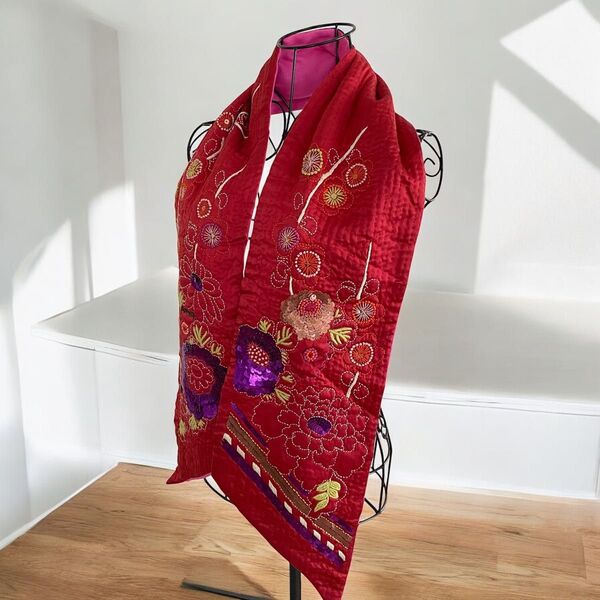 KENZO ヴィンテージ 花刺繍ストール ウールシルク混 ロゴ アーカイブ 希少 マフラー ストール