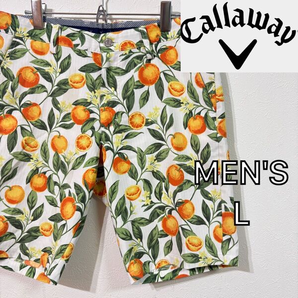 【CALLAWAY】オレンジ柄ショートパンツ ゴルフ メンズL ストレッチ 総柄ハーフパンツ キャロウェイ