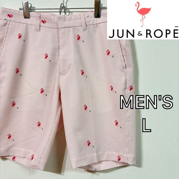 【JUN & ROPE】美品サッカーストライプフラミンゴ柄プリントショートパンツ ゴルフウェア ハーフパンツ メンズL