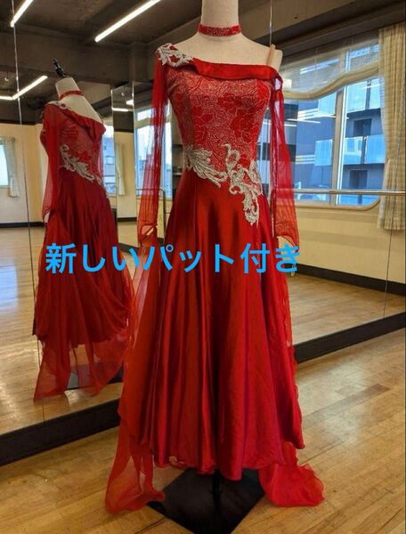 ダンスドレス 社交ダンスドレス レッスンウェア ミニデモ パティー 素敵 赤 S〜M 発表会 舞台衣装 演奏会 パーティードレス