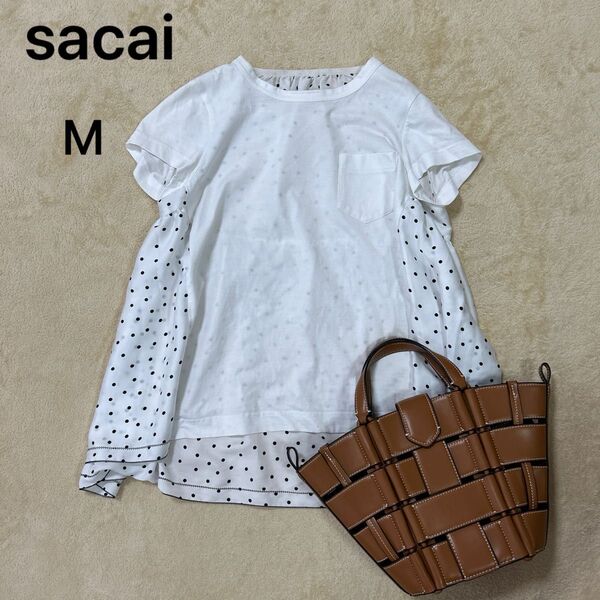 sacai 異素材 ドッキング Tシャツ ドット カットソー トップス 半袖