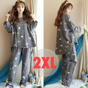 2XL ルームウェア 猫 グレー 上下 韓国 可愛い パジャマ 長袖 部屋着 セットアップ 上下セット ゆったり