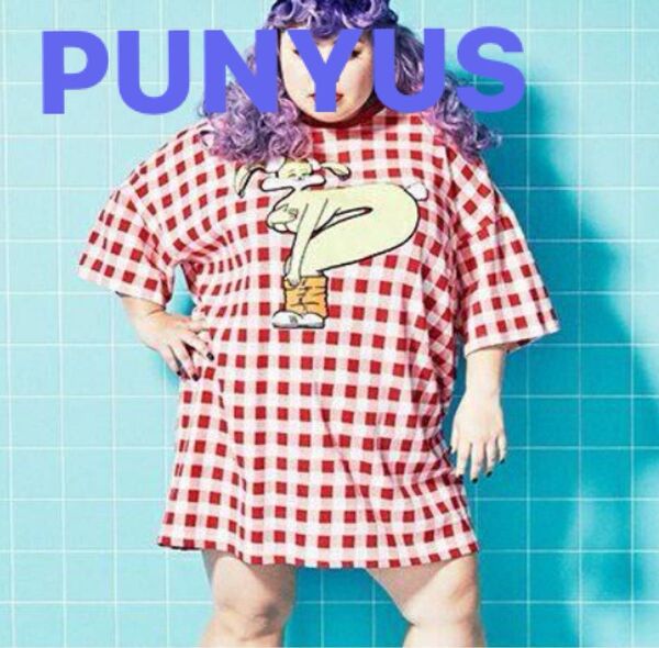 PUNYUS 赤 ギンガムチェック バニー ビッグ Tシャツ オーバーサイズ ワンピース うさぎ プリント 渡辺直美 半袖