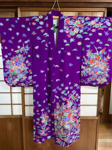 振袖 紫色 鶴と花柄 華やか 肌襦袢付き