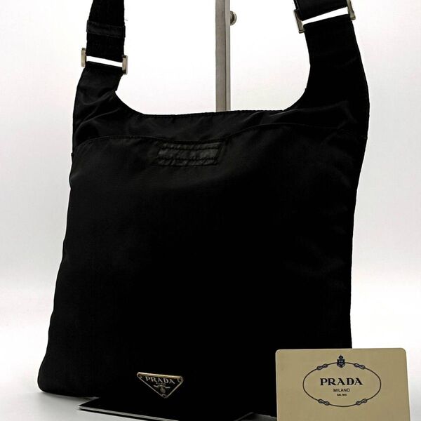 希少 人気 プラダ PRADA ショルダーバッグ 三角ロゴ ナイロン レザー 黒 ブラック 白タグ シルバー金具 斜め掛け
