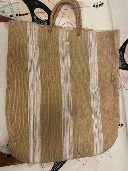 USED 美品 ジュート麻 ストライプ トートバッグ ナチュラル 大容量