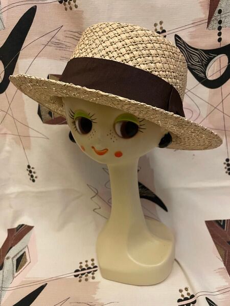 美品 メッシュ ストローハット 幅広リボン ブラウン カンカン帽 麦わら帽子