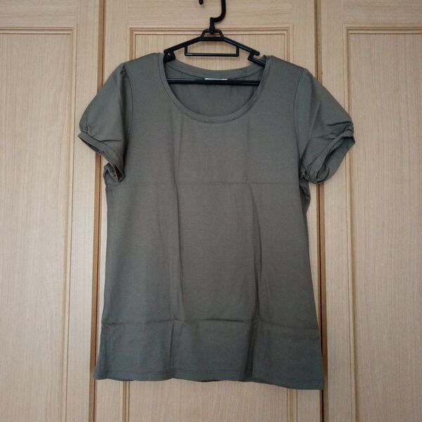 ユニクロ エクストラファインコットン Tシャツ 半袖 L ブラウン パフ袖