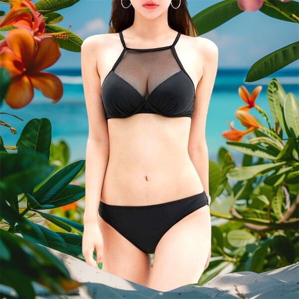 ホルターネック シースルー ビキニ セパレート レディース ブラック プール リゾート 水着 海