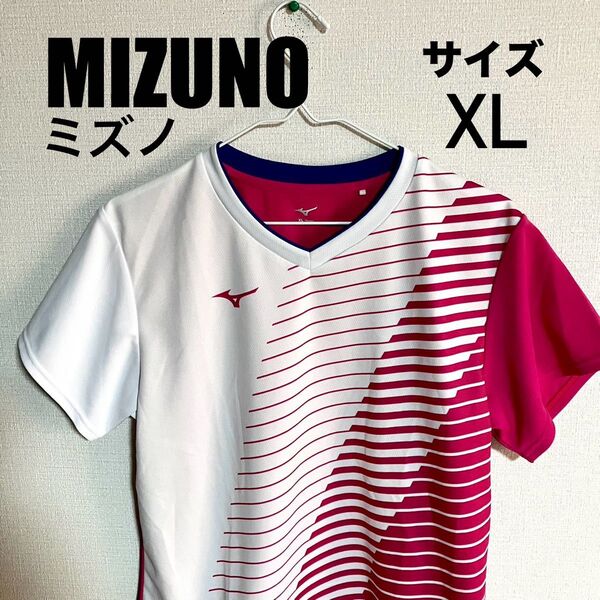 MIZUNO ミズノ 半袖Tシャツ レディース XL ホワイト×ピンク スポーツウェア ランニングウェア ジョギング