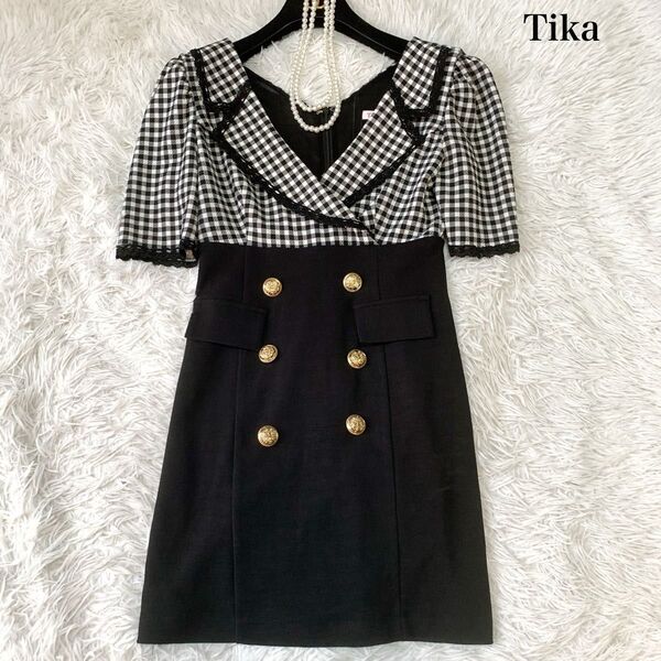 Tika ティカ ギンガムチェック レース 襟付き テーラードレス ミニドレス キャバ Lサイズ 定価1.4万 戦慄かなのさん着用