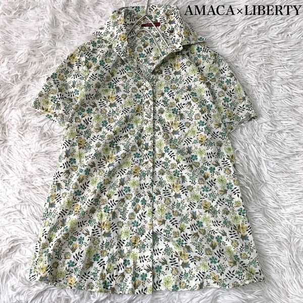 AMACA×LIBERTY アマカ×リバティ エデナム 半袖スキッパーシャツ 胸元フリル 38サイズ コットン100%