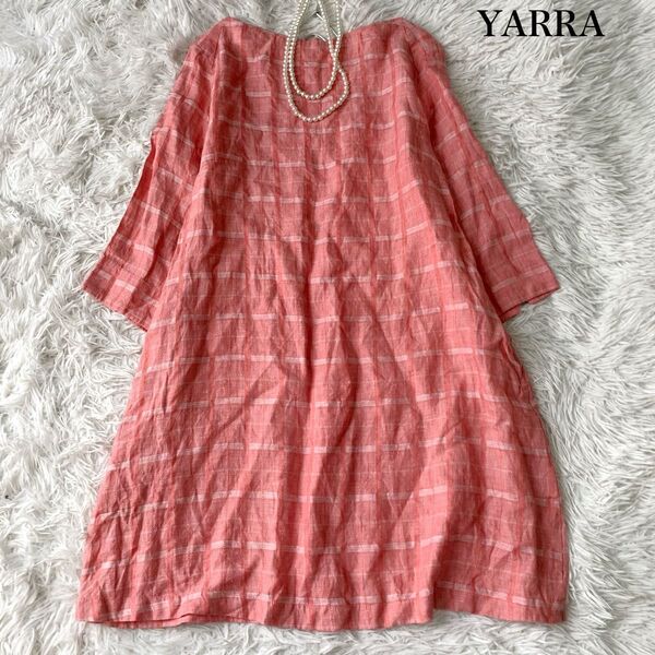 YARRA ヤラ チェック柄 リネン シャツブラウス チュニック丈 ボートネック フリーサイズ ゆったり 麻