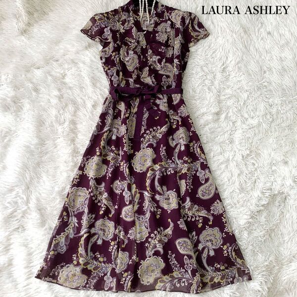LAURA ASHLEY ローラアシュレイ ペイズリー柄 ロングワンピース 胸元フリル スキッパー シフォン 11号