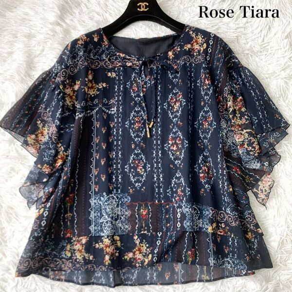 Rose Tiara ローズティアラ バタフライスリーブ 花柄 シャツブラウス シフォン 38サイズ