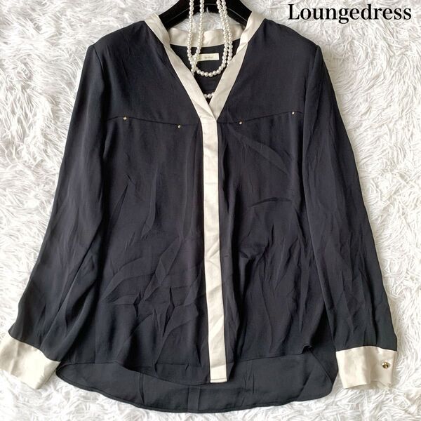 Loungedress マットジョーゼットブラウス バイカラー Vネック 金ボタン フリーサイズ とろみ 定価1.7万