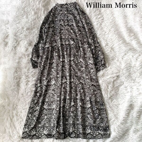 William Morris ウィリアムモリス いちご泥棒 バンドカラー ロングシャツワンピース Sサイズ とろみ ゆったり