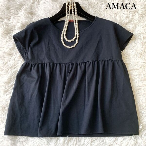 AMACA アマカ フレンチスリーブ ペプラム カットソー Tシャツ 切り替え フレア 38サイズ コットン混 未使用級