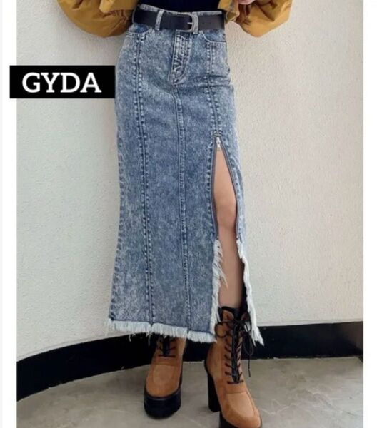 美品【GYDAジェイダ】H/W ZIPスリットケミカルウォッシュデニムロングスカート M