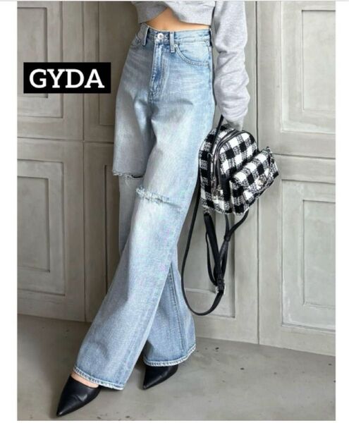 美品【GYDA】【WEB限定/TINY】H/W KNEEダメージワイドデニム M